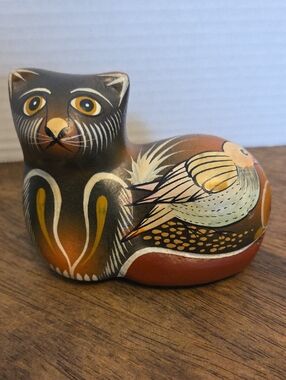 Vintage Red Clay Folk Art Hand Painted Cat Kitty Regin Mexico